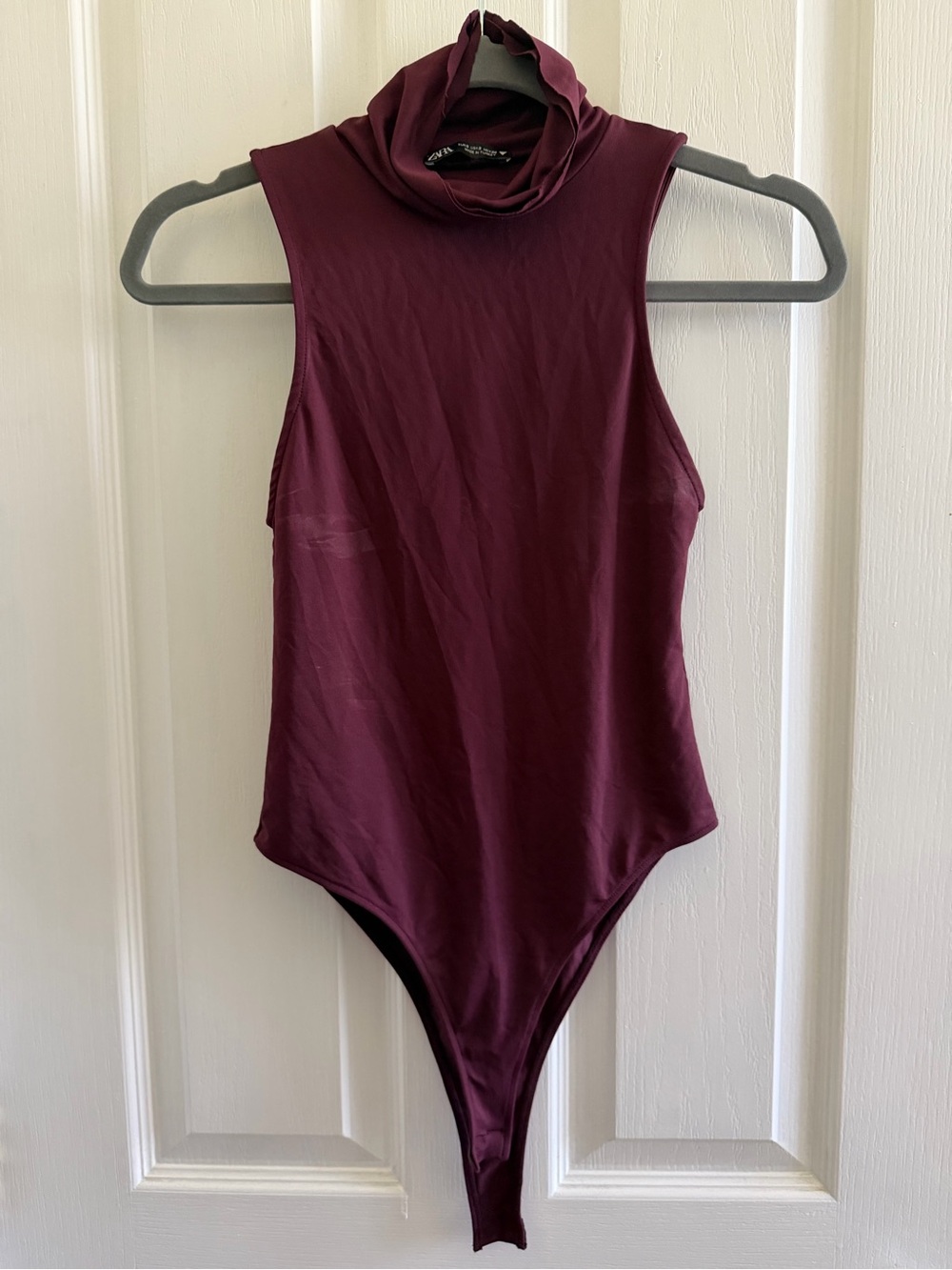 Zara Sleeveless Raw hem Turtleneck One-Piece Bodysuit in Burgundy